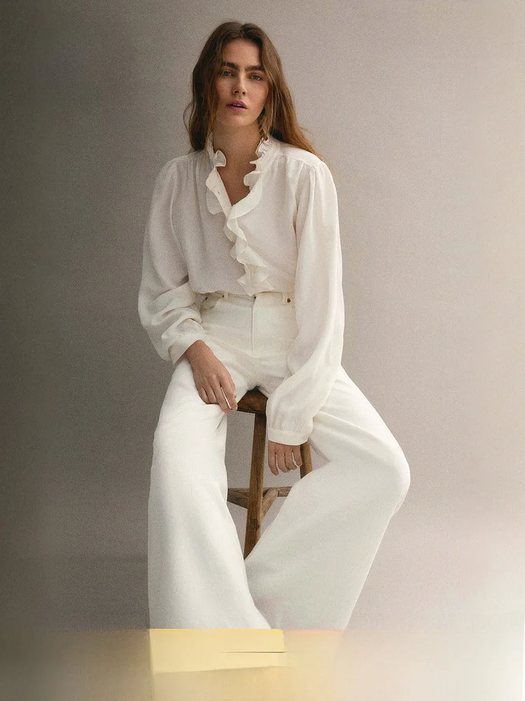 Trendy Frock Shirt Women's Business Style Long Sleeve Gathered Collar Viscose Fiber Hemmed Cuffs Spring Collection H&M 1317759