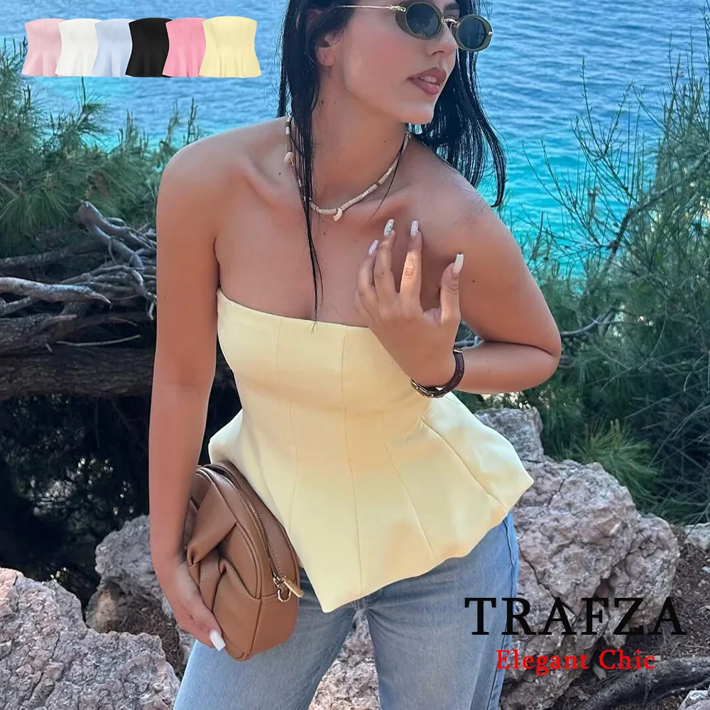 

TRAFZA Women Butter Yellow Sexy Tube Tops Skirt Hem Tube Tops New 2025 Spring Summer Sweet Vacation Beach Pink Blue Slim Tops