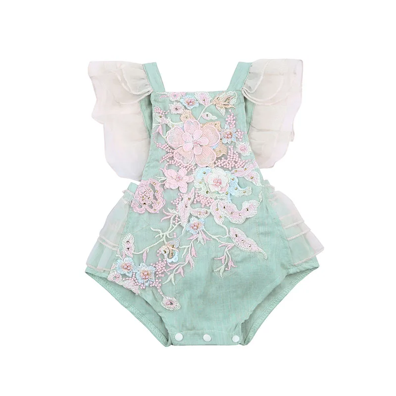 Toddler Newborn Baby\'s Clothes Girls Rompers Lace Embroidery Pearl Elegant Romper Ruffles Jumpsuits Cotton Sunsuits Outfits