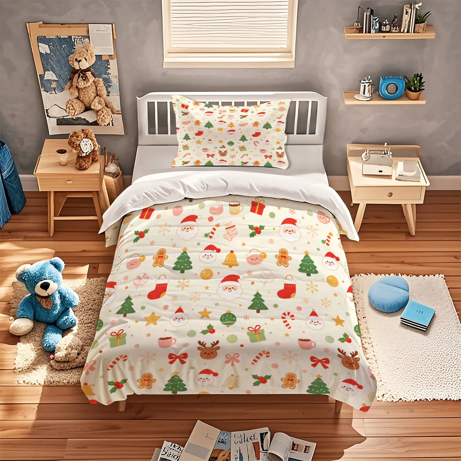 Christmas Duvet Cover Set Cute Santa Reindeer Gingerbread Man Xmas Tree Print Bedding Set Soft Polyester Quilt Cover with Zipper