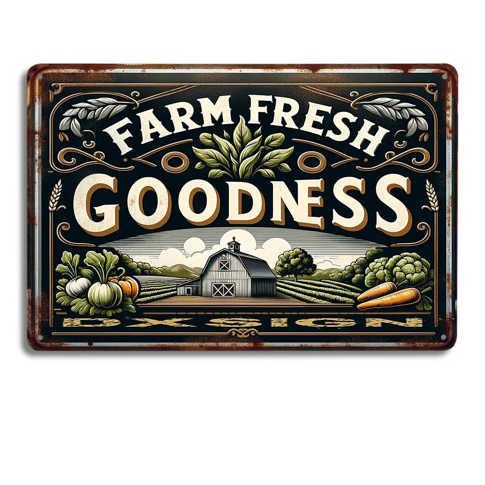 Rustic Farmhouse Metal Tin Sign - 'Farm Fresh Goodness' - Country Style Kitchen Decor with Vintage Barn and Produce Desi