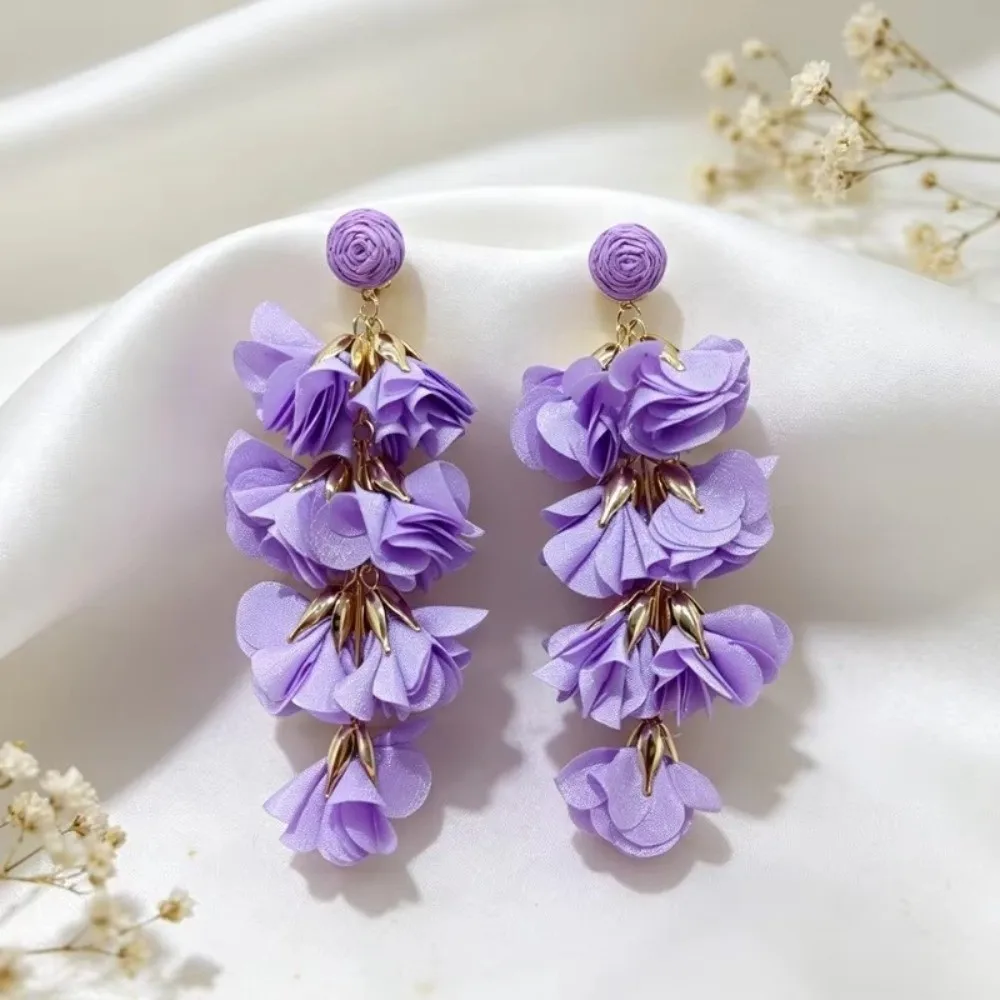 Ethnic Style Tassel Earrings Exaggerated Style Colorful Design Clip On Earrings Tassel Detail Clip On Closure Flower Earrings