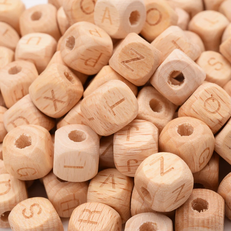 50Pcs 12mm Natural Letter Wood Beads Square Beech Alphabet Loose Spacer Beads For Jewelry Making Pacifier Chian Accessories