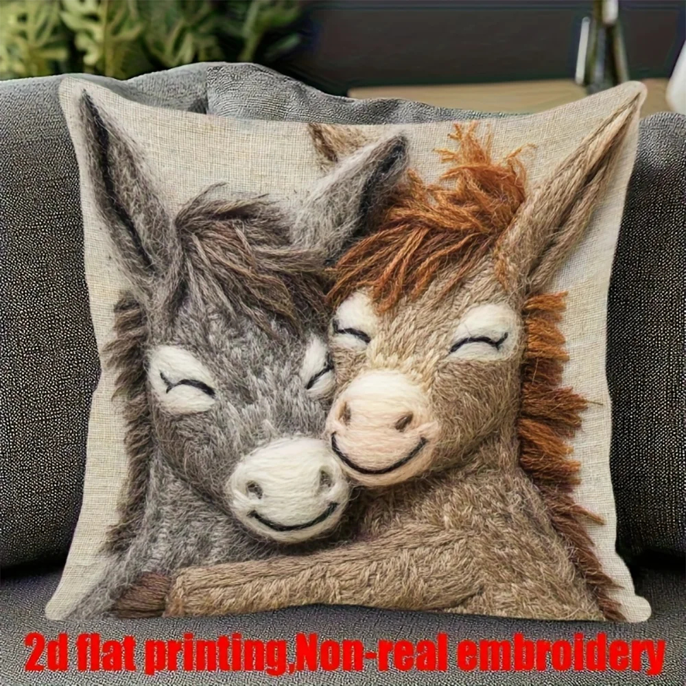2D flat-Cute Couple Donkey Throw Pillow Cover Warm Farmhouse Animal Decorative Pillow Case Living Room