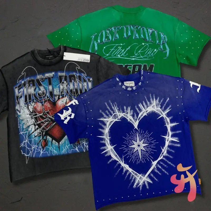 High Quality Cotton Summer FIRST ROW Tshirt Vintage Hot Drill Heart Shaped Graffiti Print Round Neck Tops Men Women Short Sleeve