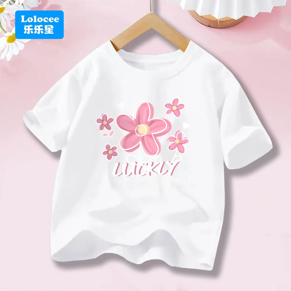2026 Korean Summer Lucky Flower Short Sleeve T-shirts For Girls 3-14 Years Cotton Toddler Girl Tops Baby Girl Tees Clothes HHY1