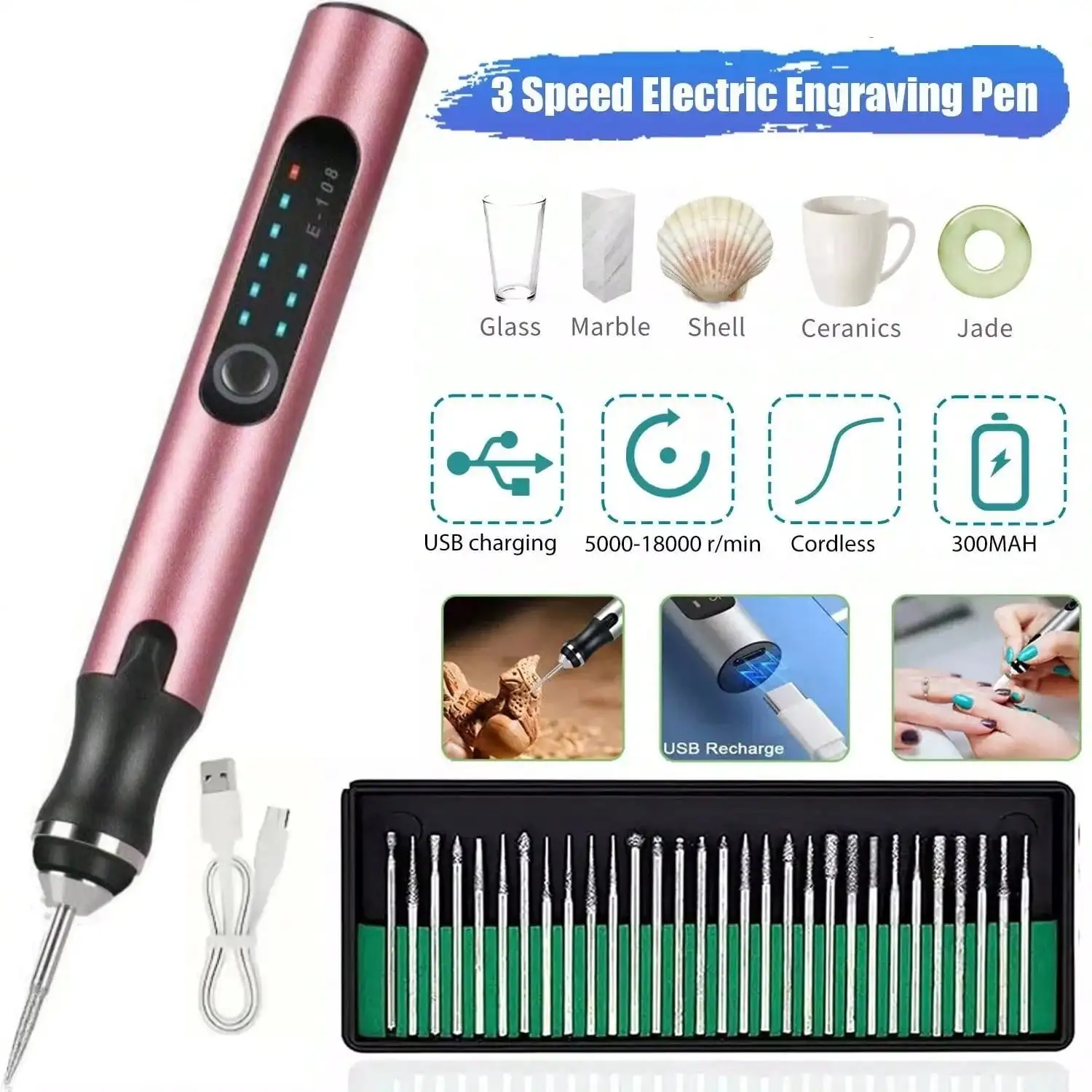 

Electric Engraving Pen Kit with 30 Bits Mini Portable Engraver Tool for Jewelry Wood Metal Stone Plastic Glass Etching DIY