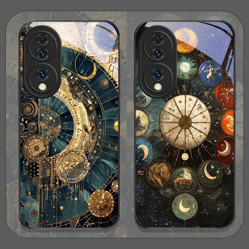 Stylish Stars Moon Constellations Pattern Tempered Glass Phone Case for Huawei Honor 200 Lite 400 100 Pro 90 Magic 8 7 6 5 Cover
