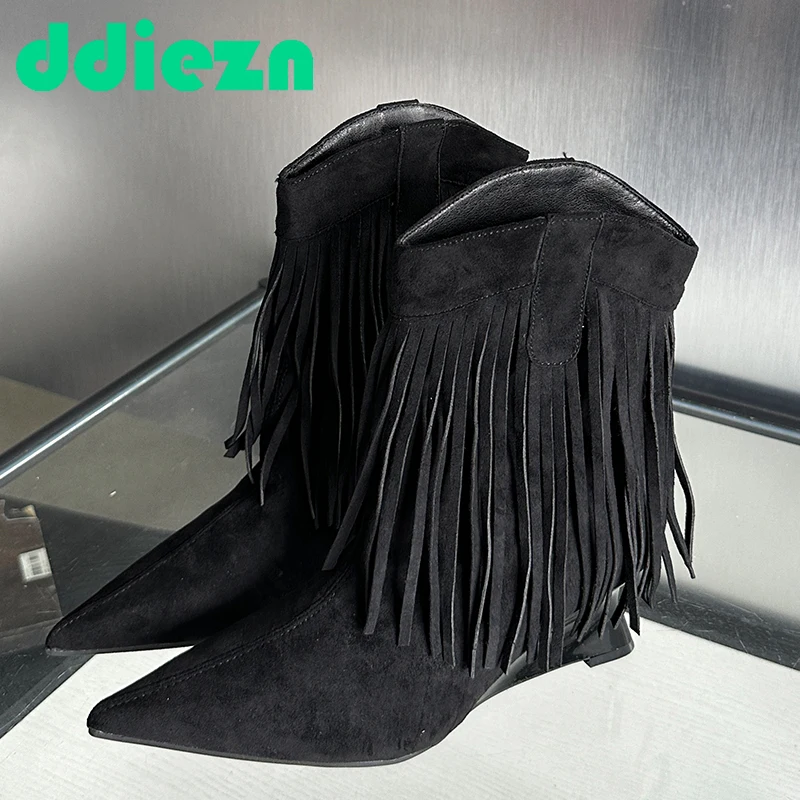 

New Wedges Women Short Boots Western Female Shoes For Women Tassels Pointed Toe Flock Ladies Ankle Modern Pumps Chelsea Booties