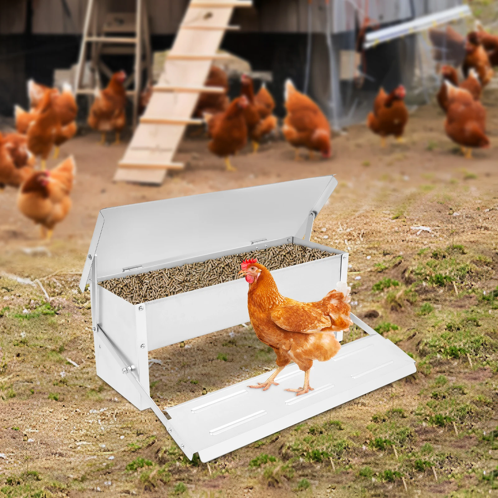 وحدة تغذية الدجاج الأوتوماتيكية سعة 8.2 لتر، سعة كبيرة، وحدة تغذية أوتوماتيكية من الفولاذ المقاوم للصدأ مقاومة للفئران، بدون انسكاب، غطاء مقاوم للطقس
