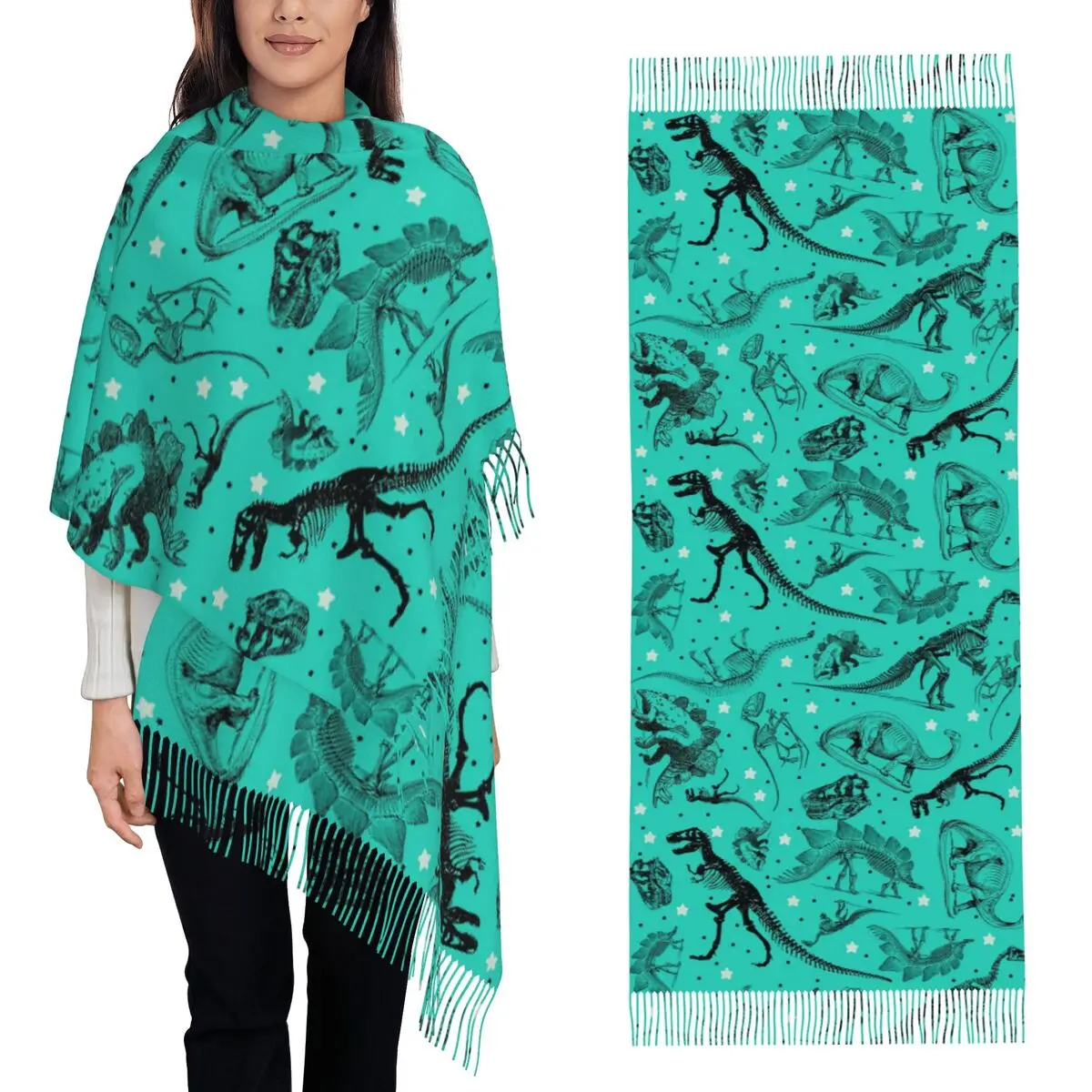 

Dino Star Toile Museum Dinosaur Sketches And Skeletons Scarf Tassel Scarves Women Shawls and Wraps Long Fall Winter Shawl Wrap