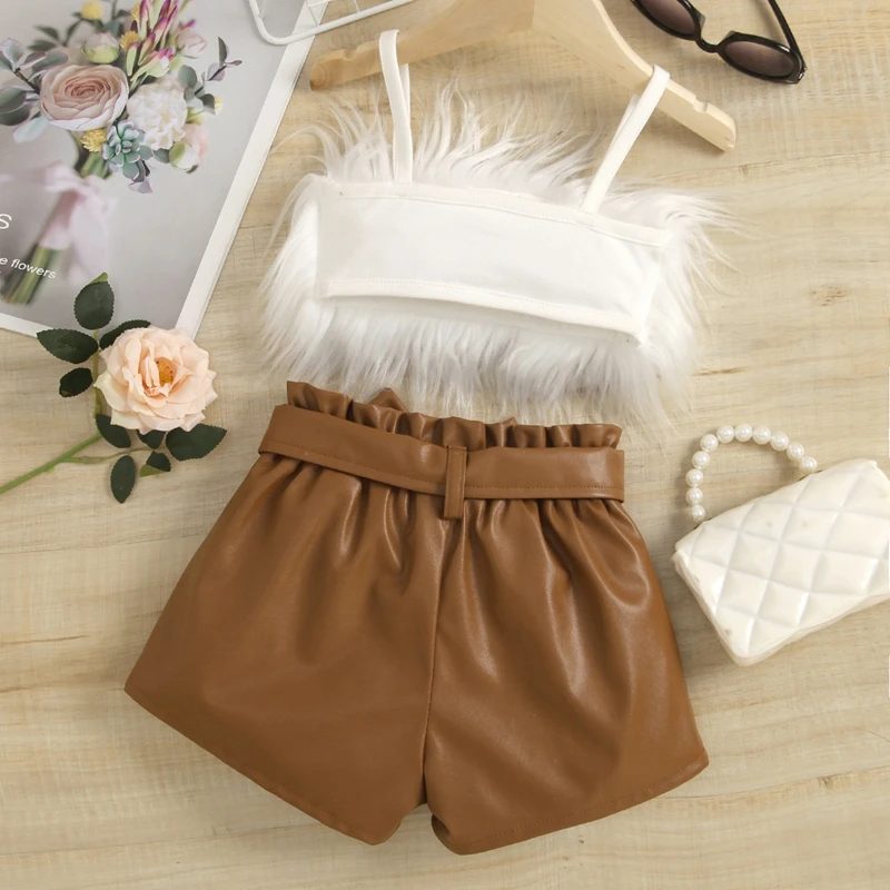 SUNSIOM 2Pcs Toddler Girls Clothes Summer Solid Color Outfits Cropped Fluffy Fur Camisole + High Waist Leather Shorts with Belt