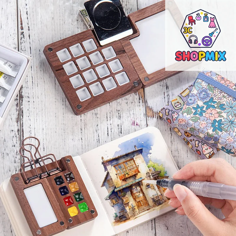 Mini paleta de acuarela de madera de nogal, caja de pintura portátil con Clip, bandeja de pintura de viaje, suministros de arte, paleta de cuaderno de bocetos
