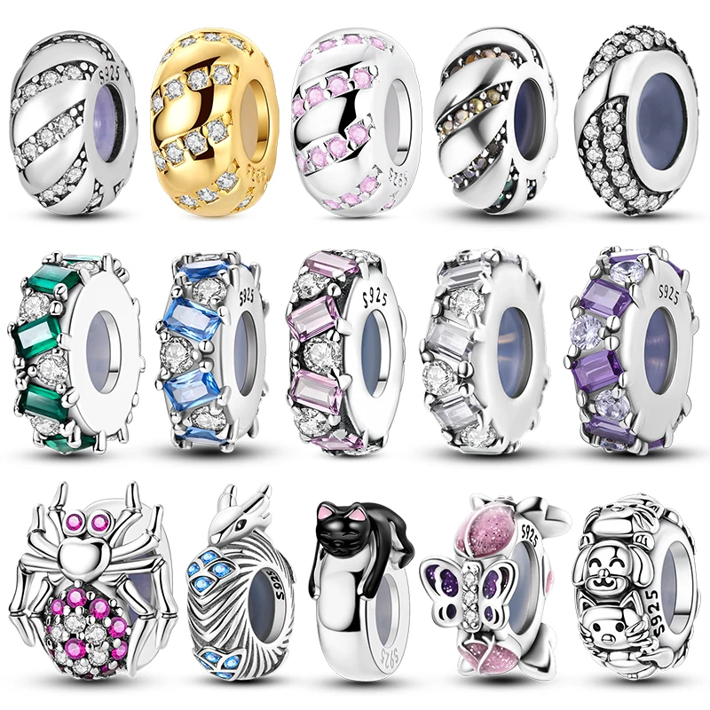 Breloques en argent sterling 925 avec zirconium carré et perles d'isolation (bouchons en caoutchouc) pour bracelet de 3 mm pour femme, bijoux de luxe DIY