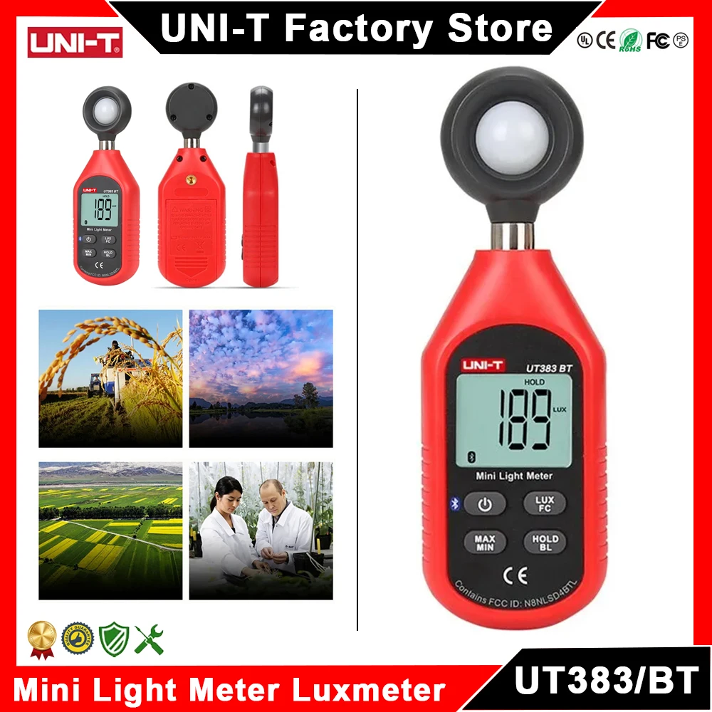 UNI-T UT383 UT383BT Mini medidor de luz Luxómetro profesional digital 199900 Lux 18500FC Iluminómetro Fotómetro Medidor de luz Lux