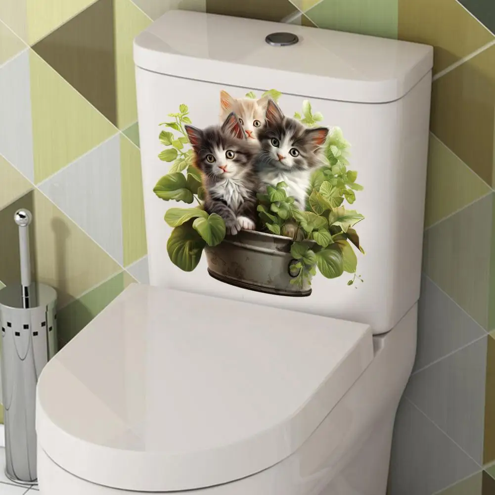 Decorative Toilet Sticker Easy to Apply Toilet Sticker Elegant Green Plant Cat Pattern Toilet Lid Sticker Charming Wall for Home