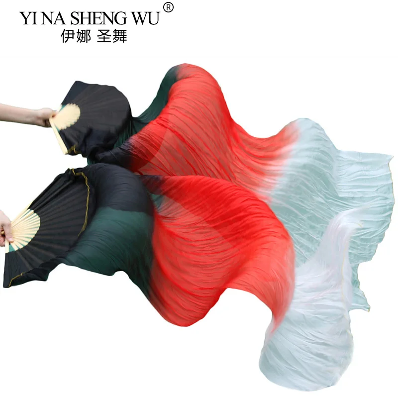 عالية الجودة 100% الحرير الخيزران الأضلاع مراوح الرقص الطويلة 1 زوج اليدوية مصبوغ الحرير مراوح الرقص الشرقي التدرج أسود + أحمر + أبيض 180x90 سنتيمتر #1