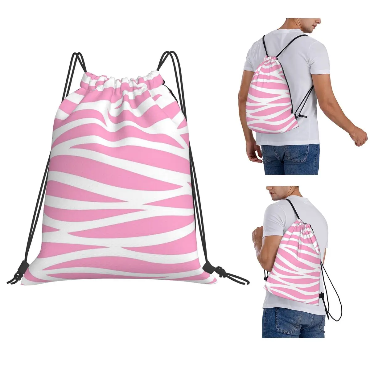 Zebra Pattern Pink Zebra Stripes Backpacks Portable Drawstring Bags Sports Bag Book Bags for Travel Students