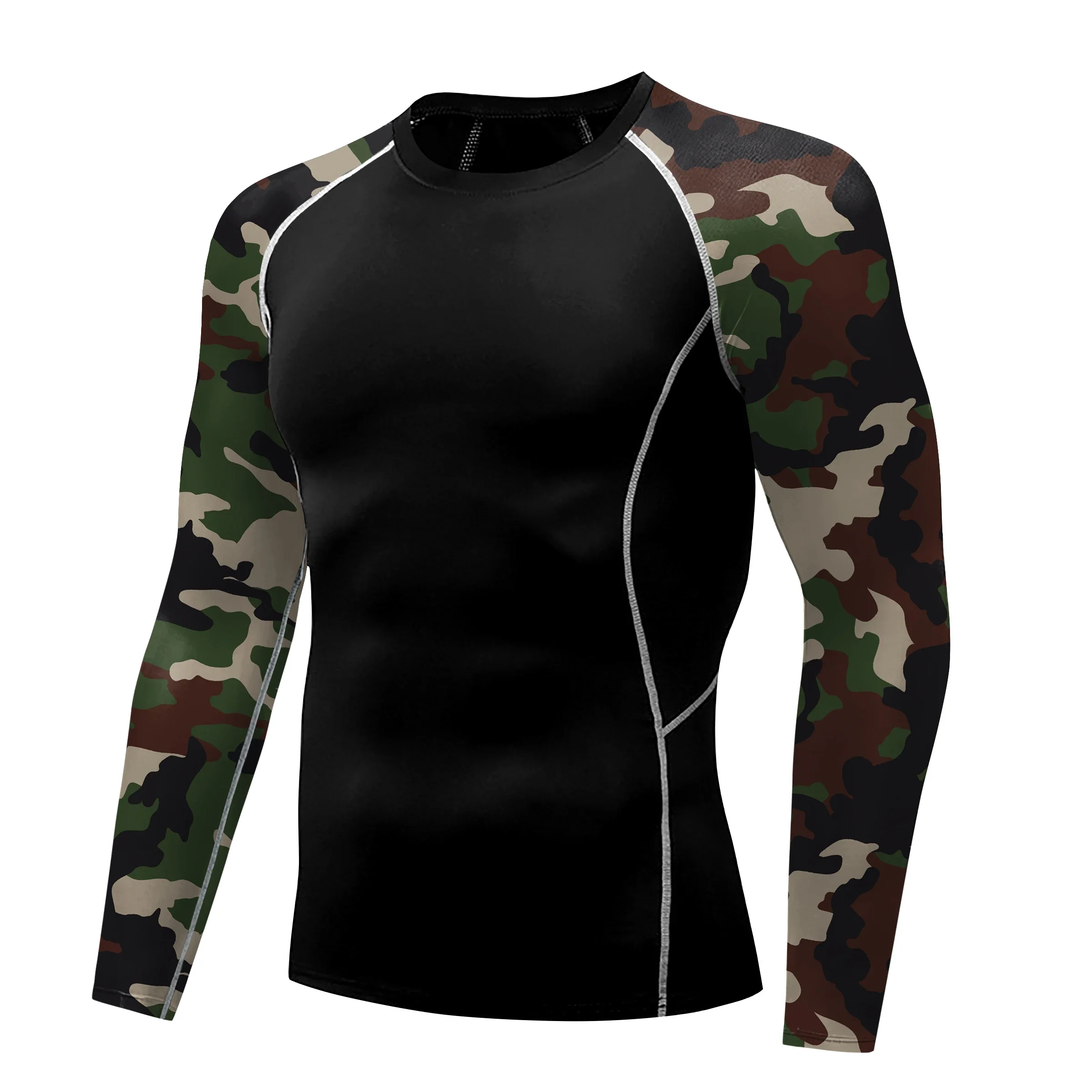 Camouflage Shirt for Men Long Sleeve Gym Shirt Crewneck Elasticity Work Out Tee Summer Fitness Outfit Quickly Dry Male Clothing