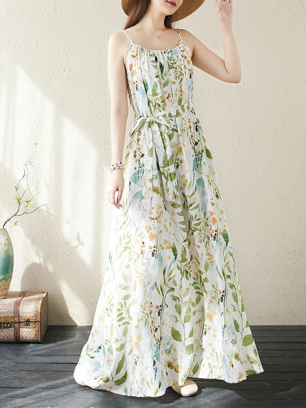 

Летнее цветочное платье макси без рукавов, повседневное, с завязками на талии, А-силуэт, длинная юбка без рукавов