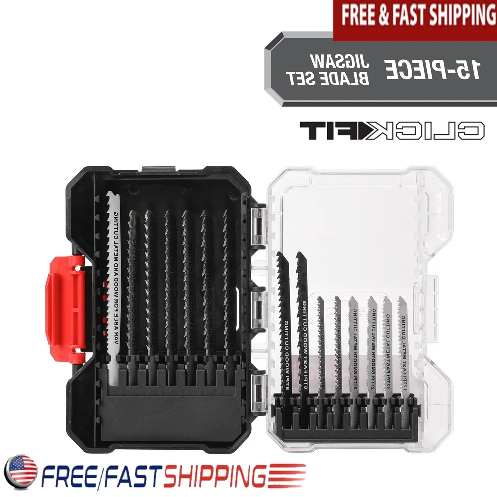 

15-Piece T-Shank Jigsaw Blades Set High Precision Wood Metal Cutting Tools Durable Case Model 42984CF