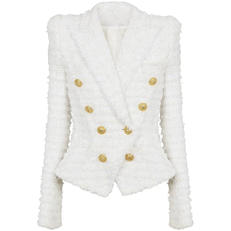 JAMERARY Double Breasted White Jackets Suits Coats Women Tweed Sets Golden Button Tassels Blazer Wide Leg Short Pants Suits