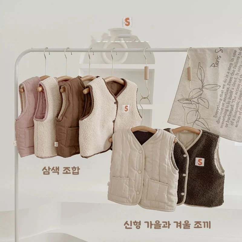 

Children's Autumn and Winter Korean Style Retro Warm and Versatile Vest for Boys and Girls Baby Fleece Cotton Double-sided Vest