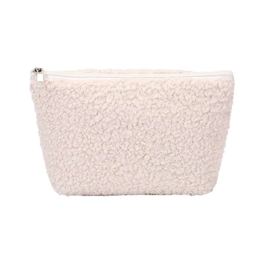 Portable Sherpa Fleece Cosmetic Bag Soft Texture Zipper Closure Makeup Pouch Makeup Organizer Beauty Essentials