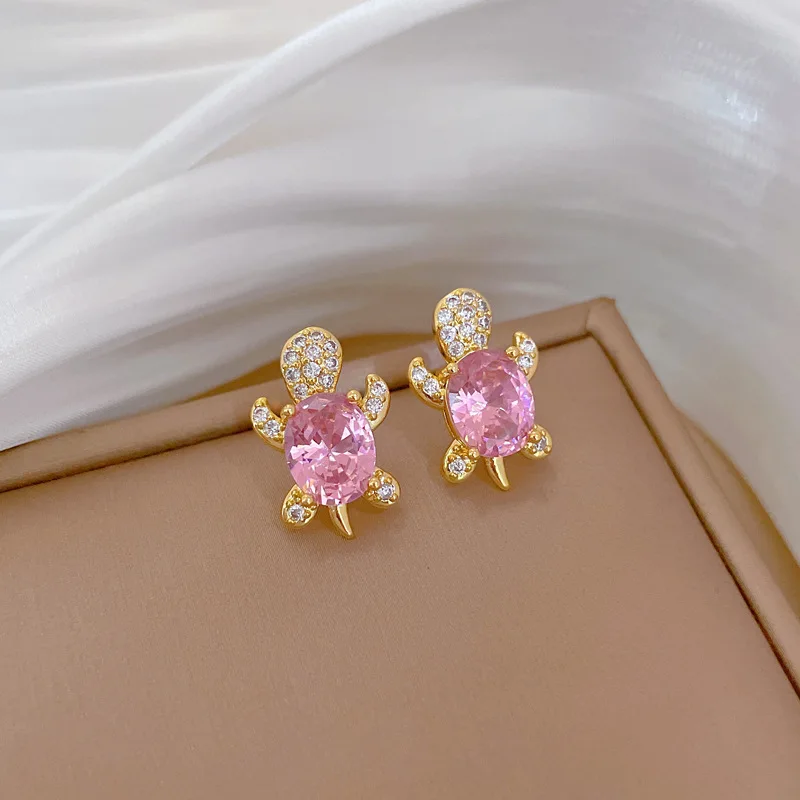 DIEYURO 316L Stainless Steel Pink Sweet Cute Animal Crystal Tortoise Necklace Earring Set Girl New Trend Non-fading Jewelry Gift