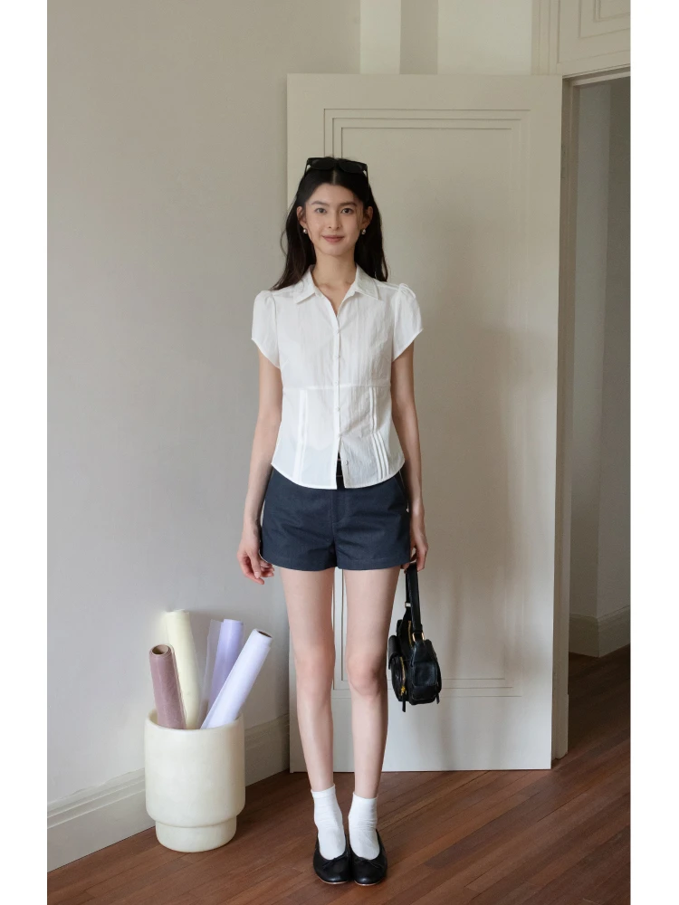 흰색 반소매 셔츠 EGGKA 여름 통근 캐주얼 탑 여성 레귤러 핏 코튼 Lenzing Lyocell 나일론 벨트 프론트 칼라