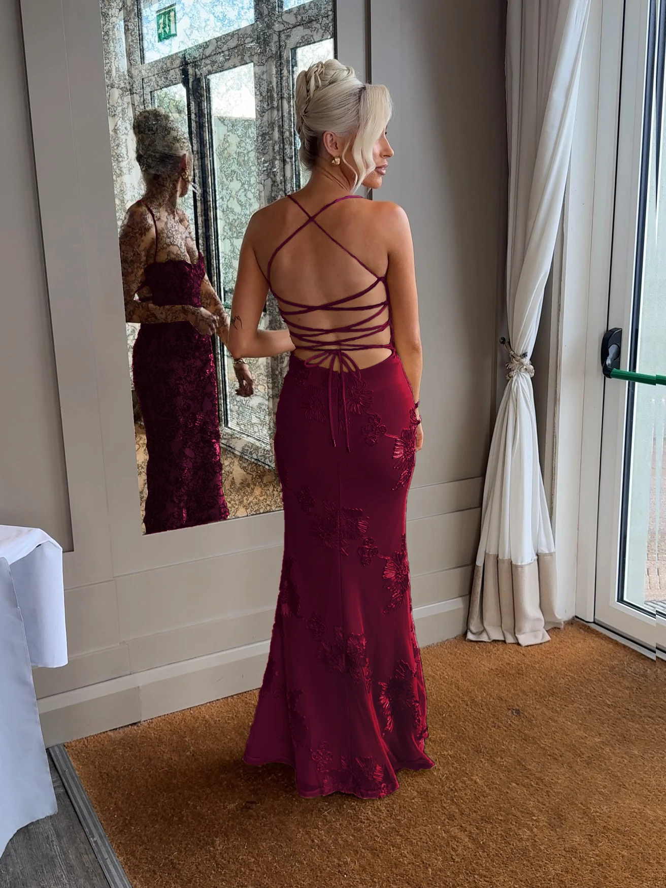 Oligai vestido sereia sem costas feminino ocasião formal elegante vestido de renda malha bordado vestido de festa à noite