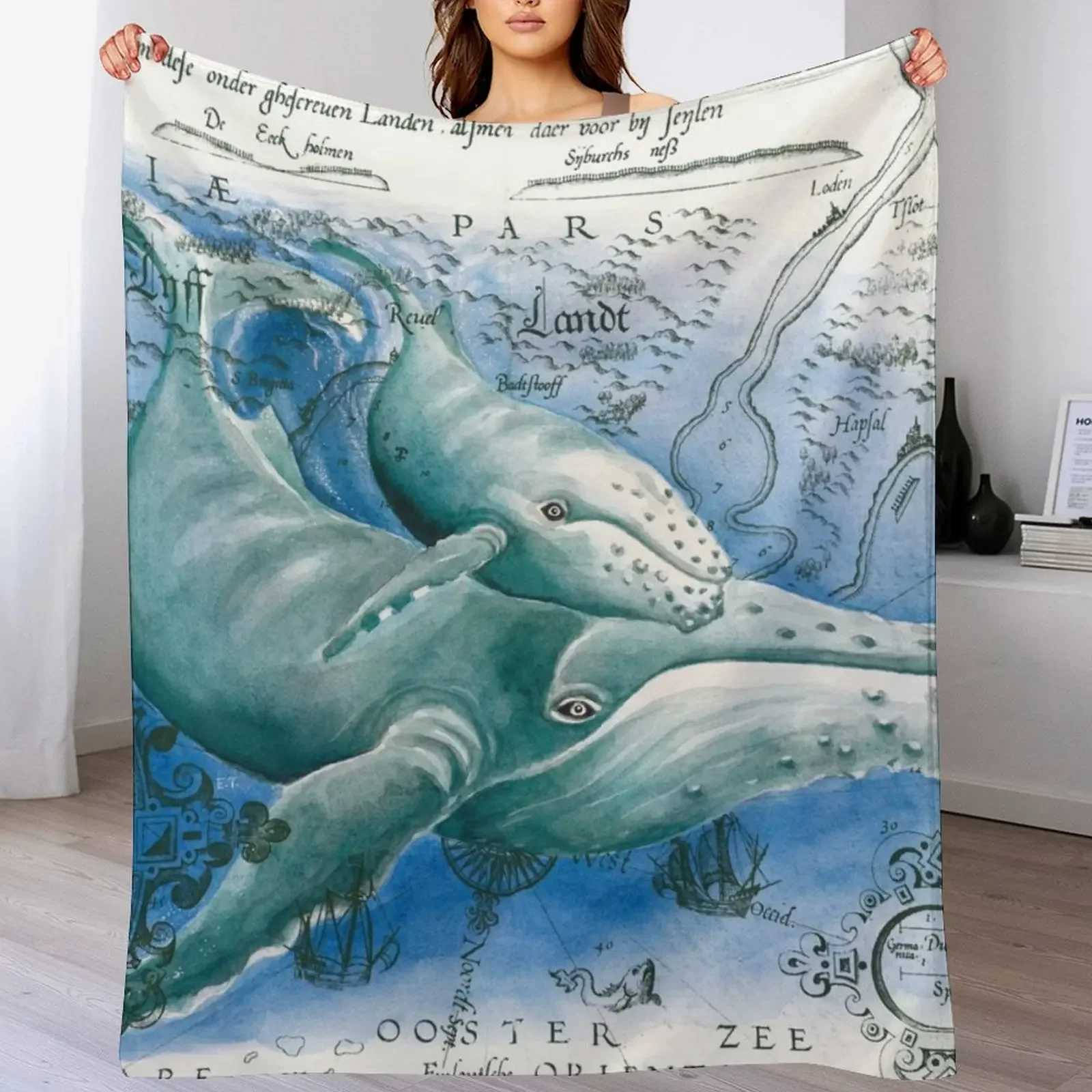 

Humpback Whales Family Vintage Map Watercolor Throw Blanket Multi Purpose Soft Warm Blanket for Home Travel
