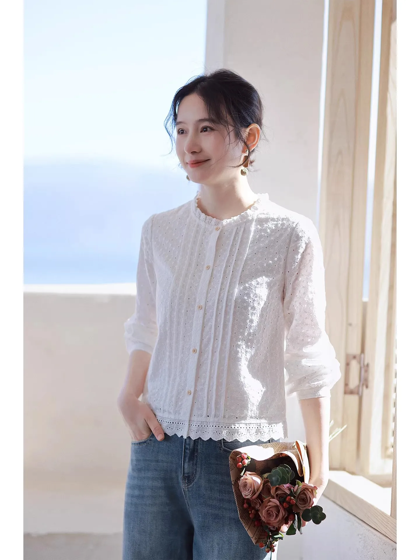 

Red Tead Pure Cotton Embroidered irt Women's Long Sve Loose Design Spring 2026 Ele Top Breathable Comfortable
