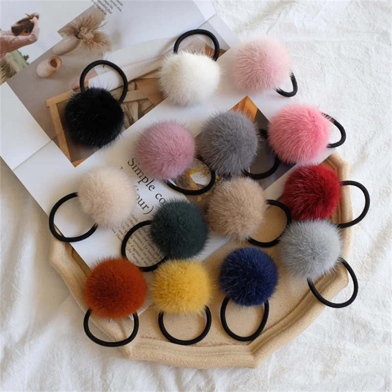 

Cute Hair Tie Colorful Pompoms Mink Fur Pompom Hair Accessories Woman Girls Fur Ball Ponytail Holder Y2K Furry Ball Hair Rope