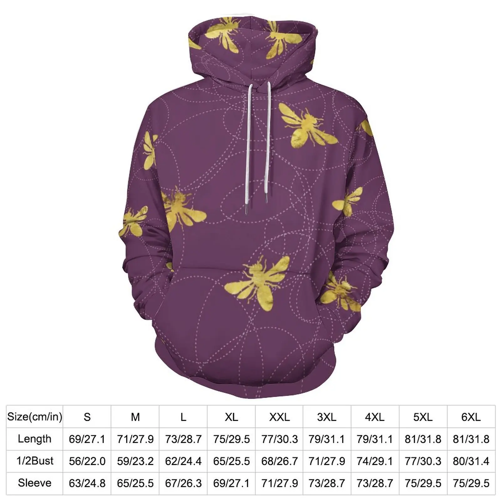 Gold Bees Loose Hoodies Animal Honeybee Print Streetwear Hoodie Men Long Sleeve Kawaii Pattern Sweatshirts 4XL 5XL 6XL