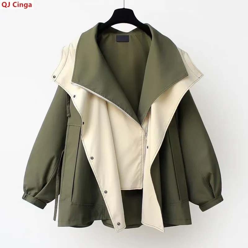 Spring/Fall European and American-style Green Collared Hooded Patchwork Jacket; Black-Apricot-colored Loose-fitting Casual Coat.