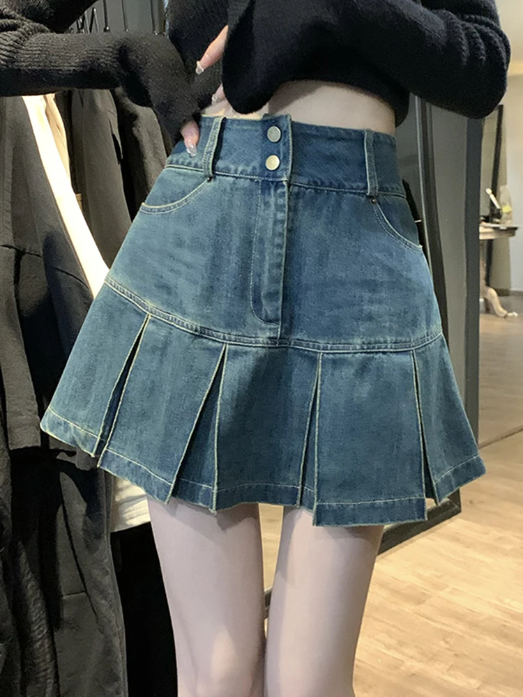 

Big Size S-4XL Vintage Fashion Two Button Washed Denim Skirt Summer Hot Girls Mini Skirt Blue Black A-Line Pleated Jeans Skirts