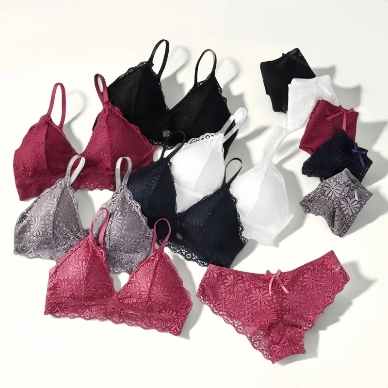 Mulheres floral renda sutiã calcinha conjunto push-up bralette baixo aumento briefs lingerie sexy conjunto fio livre sutiã feminino renda roupa interior