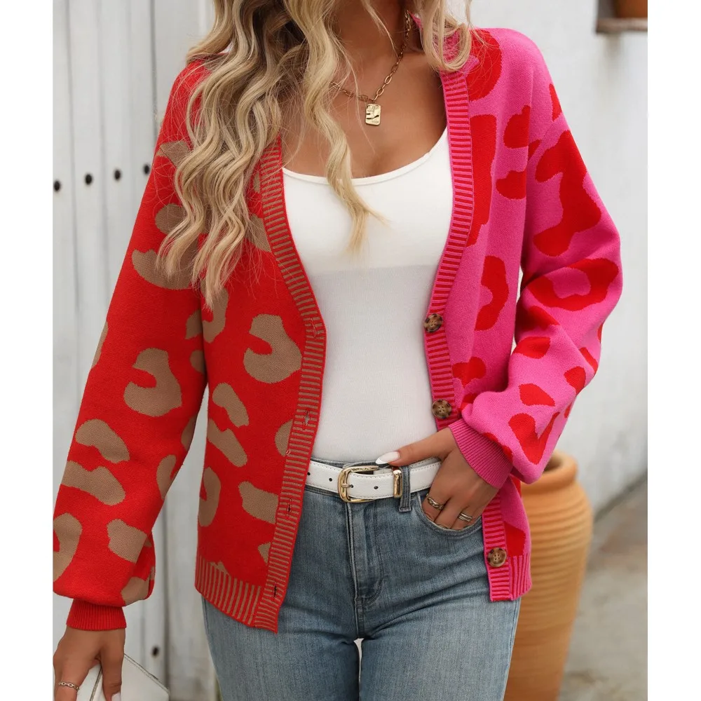 Loose Single Breasted Sweater For Women\'s Autumn And Winter New Contrasting Leopard Print V-neck Cardigan Sweater Casacas Femme