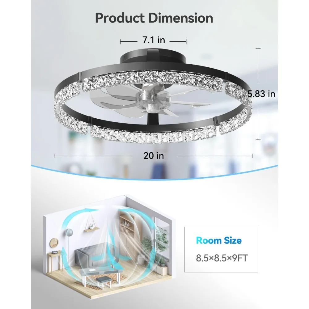 Ceiling Fans with Lights and Remote, 20'' Low Profile Ceiling Fans, 3000-6000K Dimmable Modern Flush Mount LED Fan Light