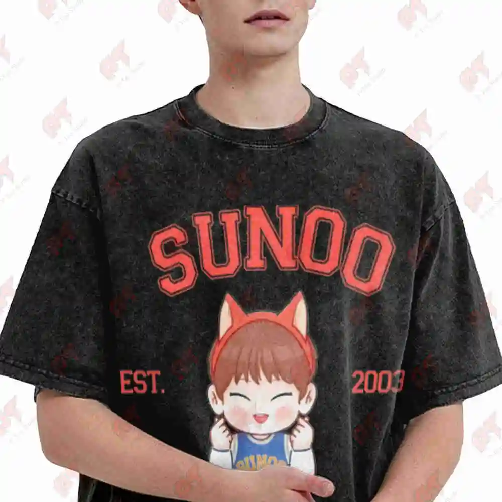 Engene Sunoo Chibi K Drama Fan Vintage Washed Tee Pure Cotton T-Shirt