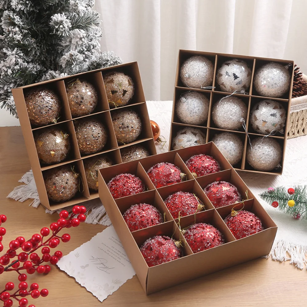 9PCS 8cm Electroplated Balls Christmas Tree Ornament Plastic New Year Christmas Gifts Boxes Pendant Pendant Hanging Ornament