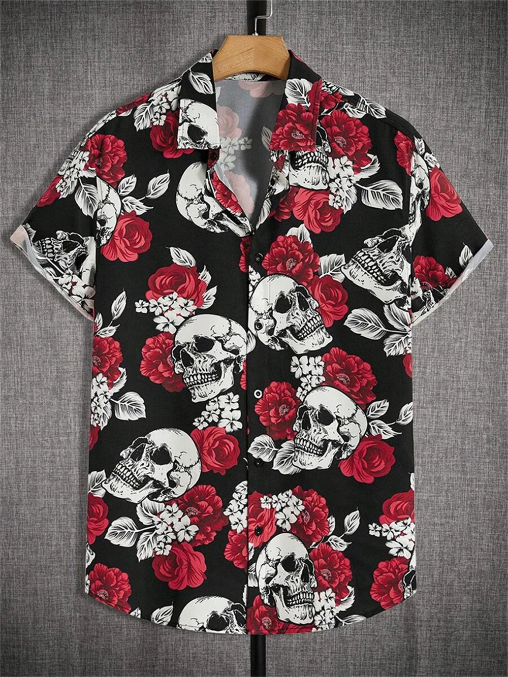 Мужская рубашка с 3D принтом розы и черепа, повседневная летняя повседневная мужская рубашка с короткими рукавами, уличная уличная мужская модная рубашка