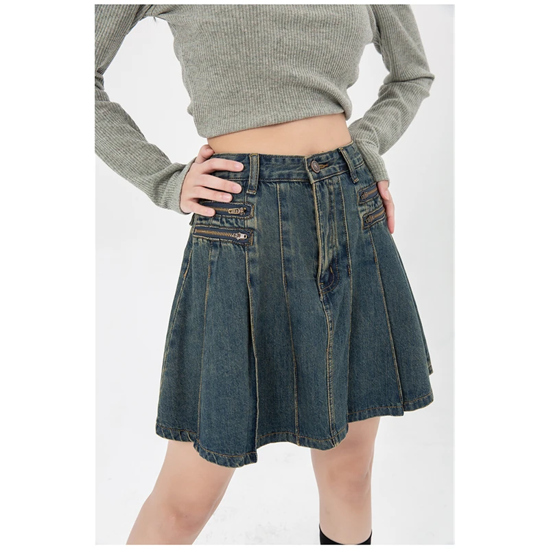 Women's Vintage Blue Denim Half Body Skirt Zipper Pleated High Waist Casual Fashion Baggy A-Line Jean Short Skirt Ladies Summer