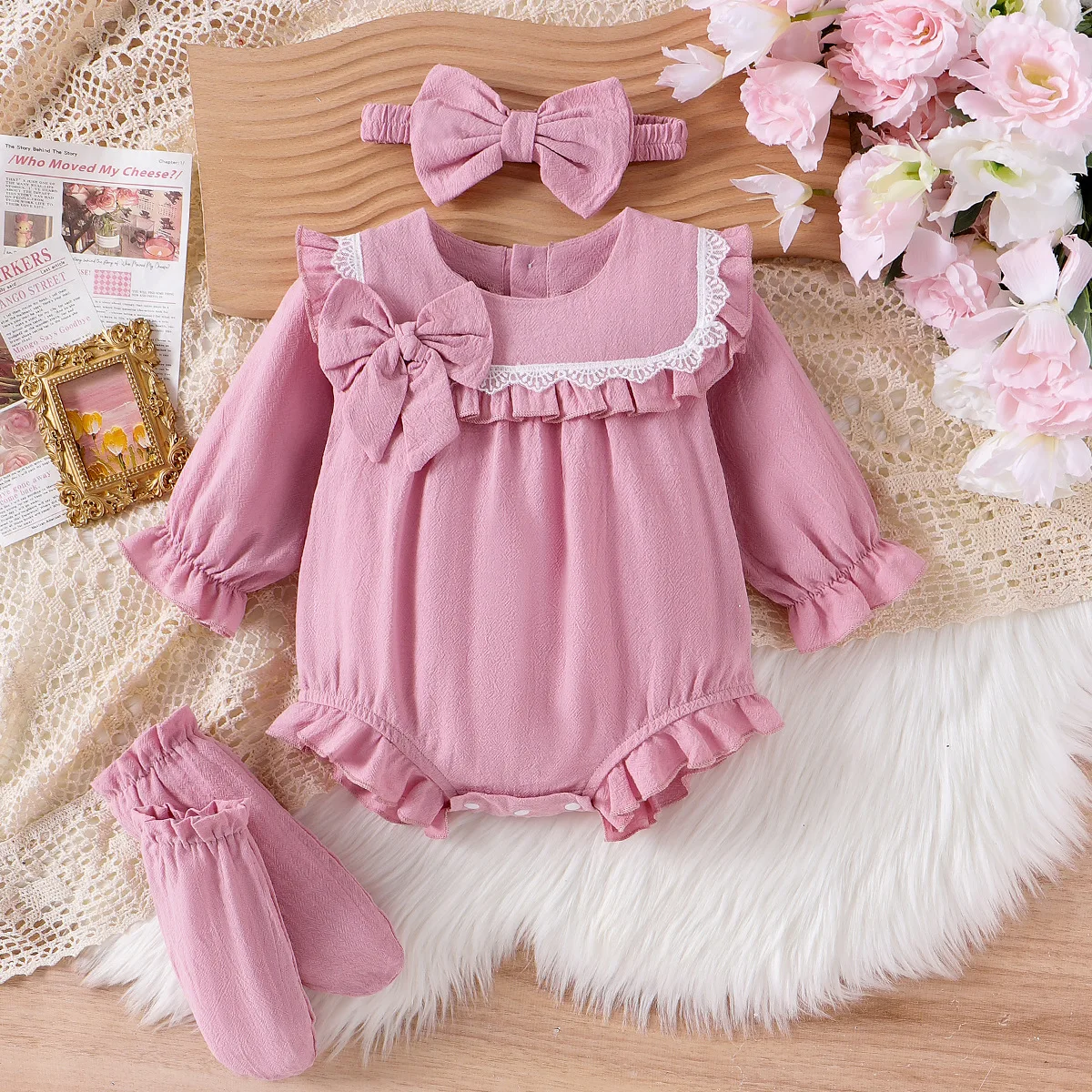 

UNITIM Kids Baby Girls 3PCS Pink Toddler Girls Jumpsuits Bow Applique Newborn Girls Bodysuits+Headband+socks Spring Outfit