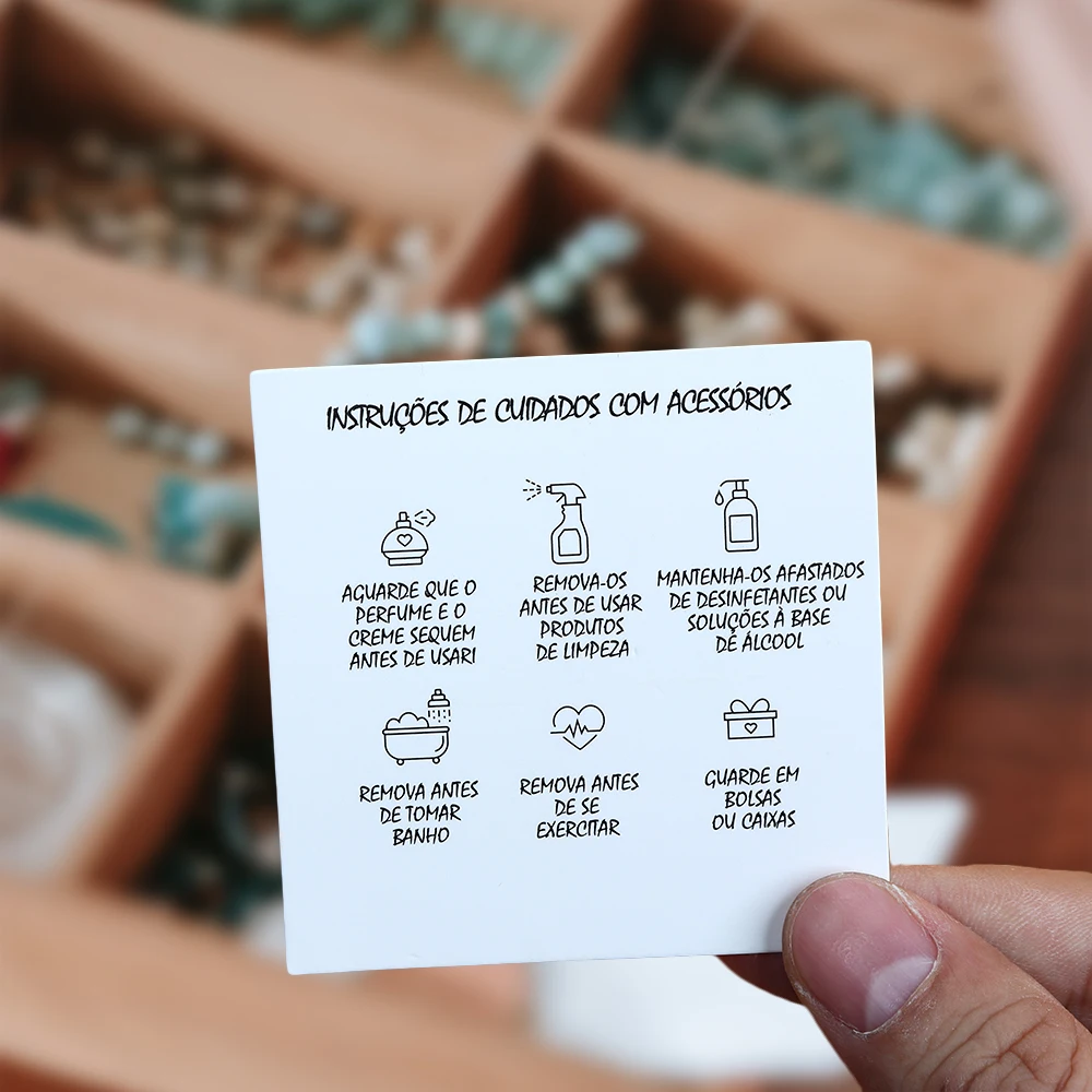 50 Stück 9 Sprachen 6,5 x 6,5 cm quadratisch weiß braun Pflegeanweisungen individuelle Einlage Karte für Schmuck DIY Verpackung liefert Großhandel – Detail 7