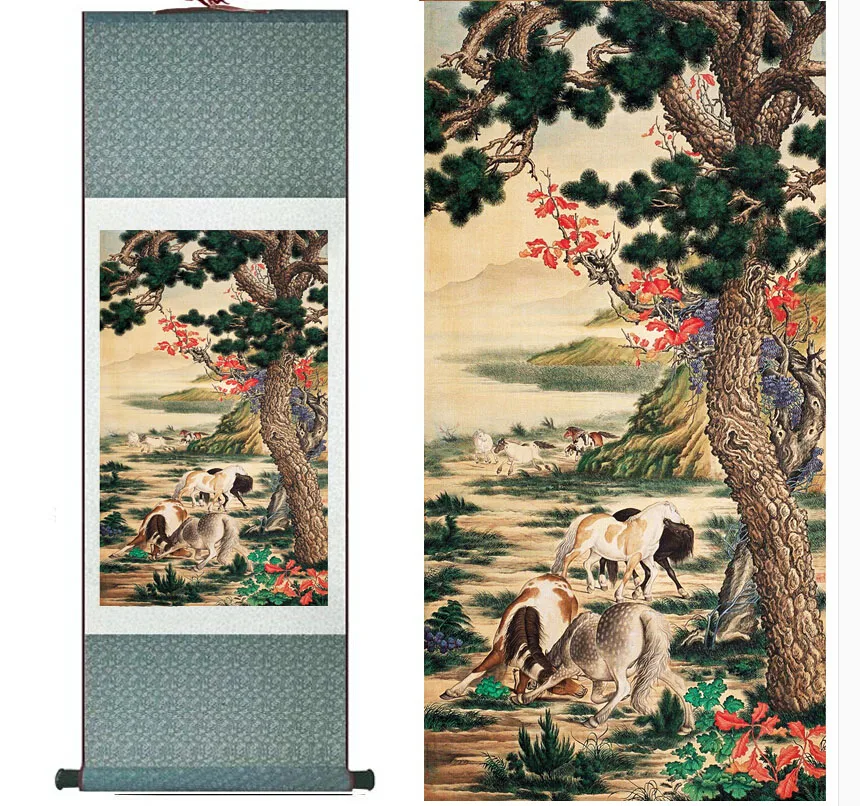 Horse Traditional Chinese art painting Horse art painting Silk scroll art painting Horse playing picture