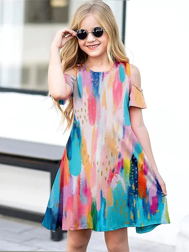 Children's Clothing Feather Off Shoulder  Round Neck Fashion Dress Short Sleeve