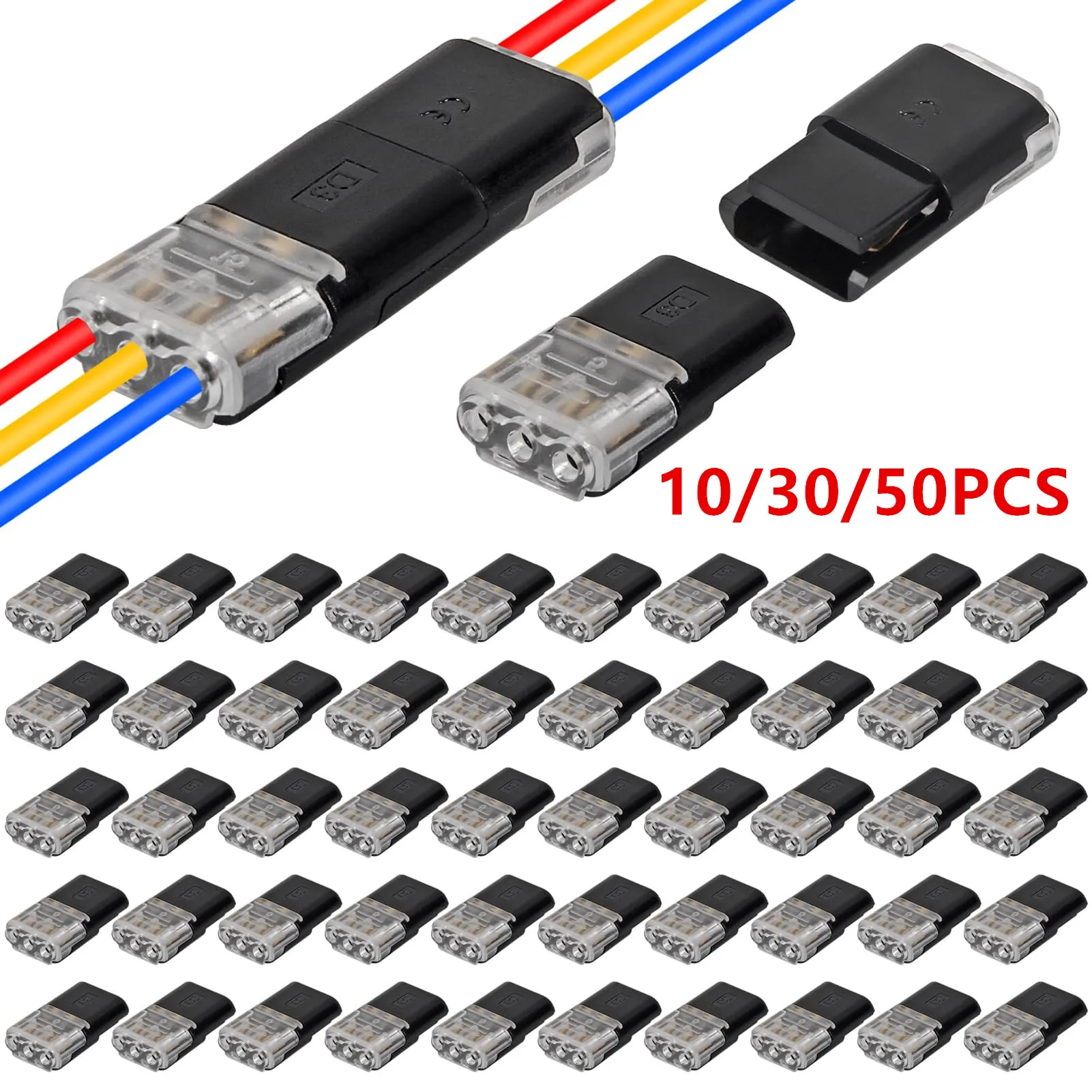 10/30/50Pcs D3 3Pin No Stripping Quick Wire Connector Plug-in Terminal for Car LED Boat Motorcycle Home Lighting Wiring