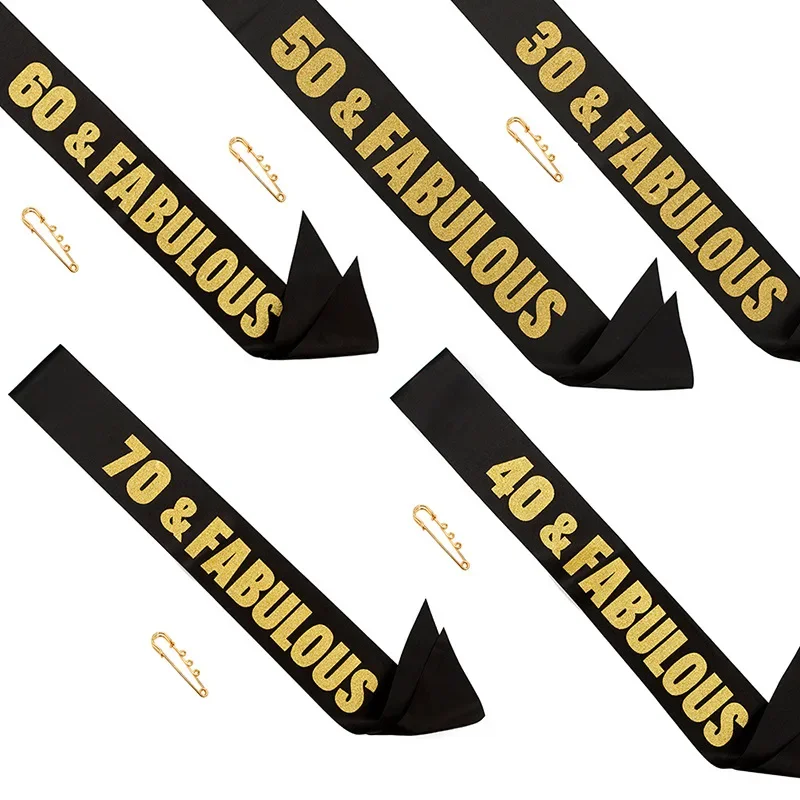 Gold Glitter Birthday Party Sash 30 40 50 60 70 & FABULOUS Satin Ribbon Sash Women 30th 40th 50th 60th Birthday Party Decoration